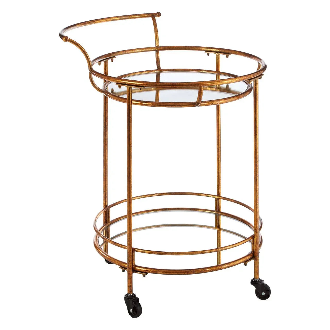 Gold metal and glass drinks trolley with round shelves and black caster wheels