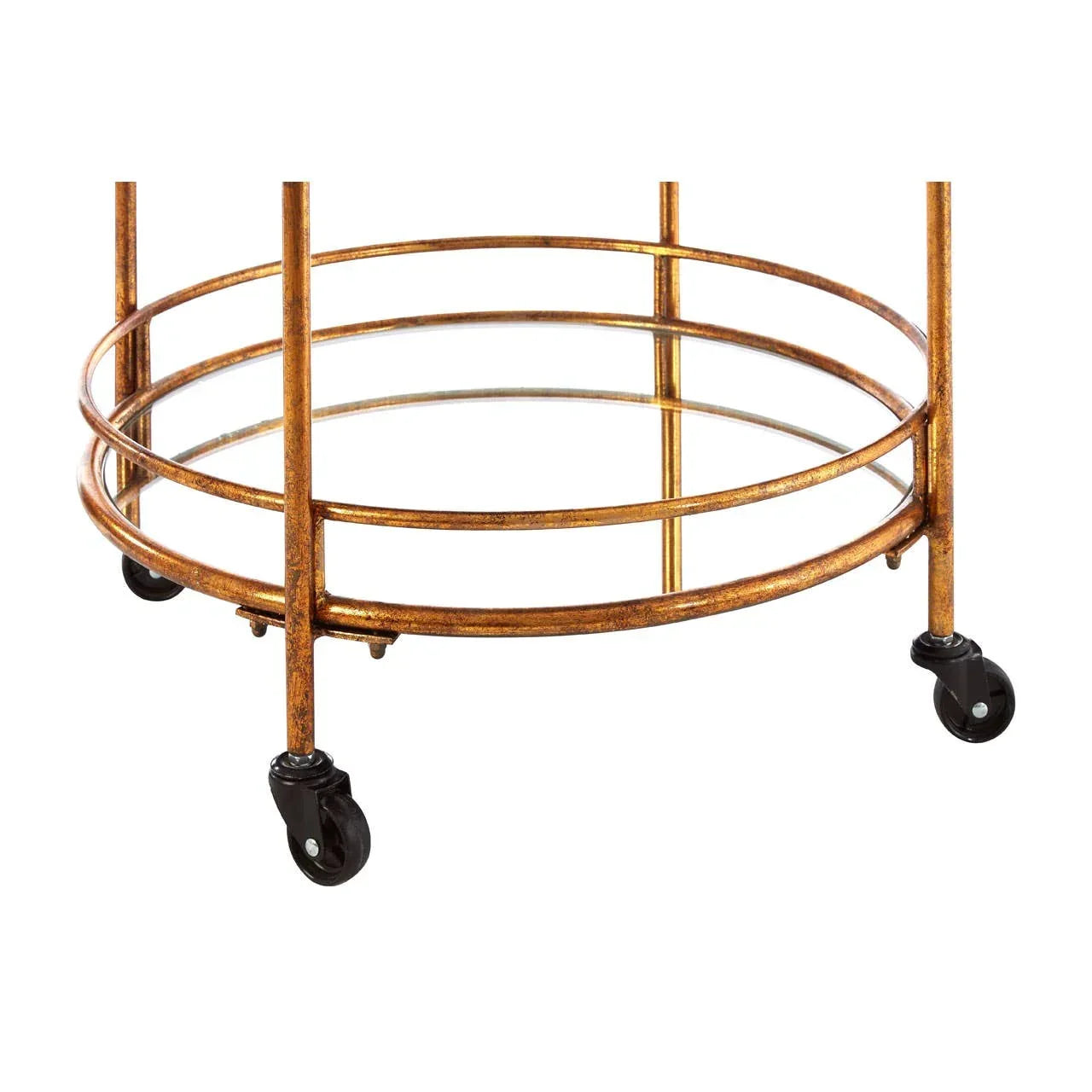 Gold metal bar cart with round glass shelf and black swivel caster wheels