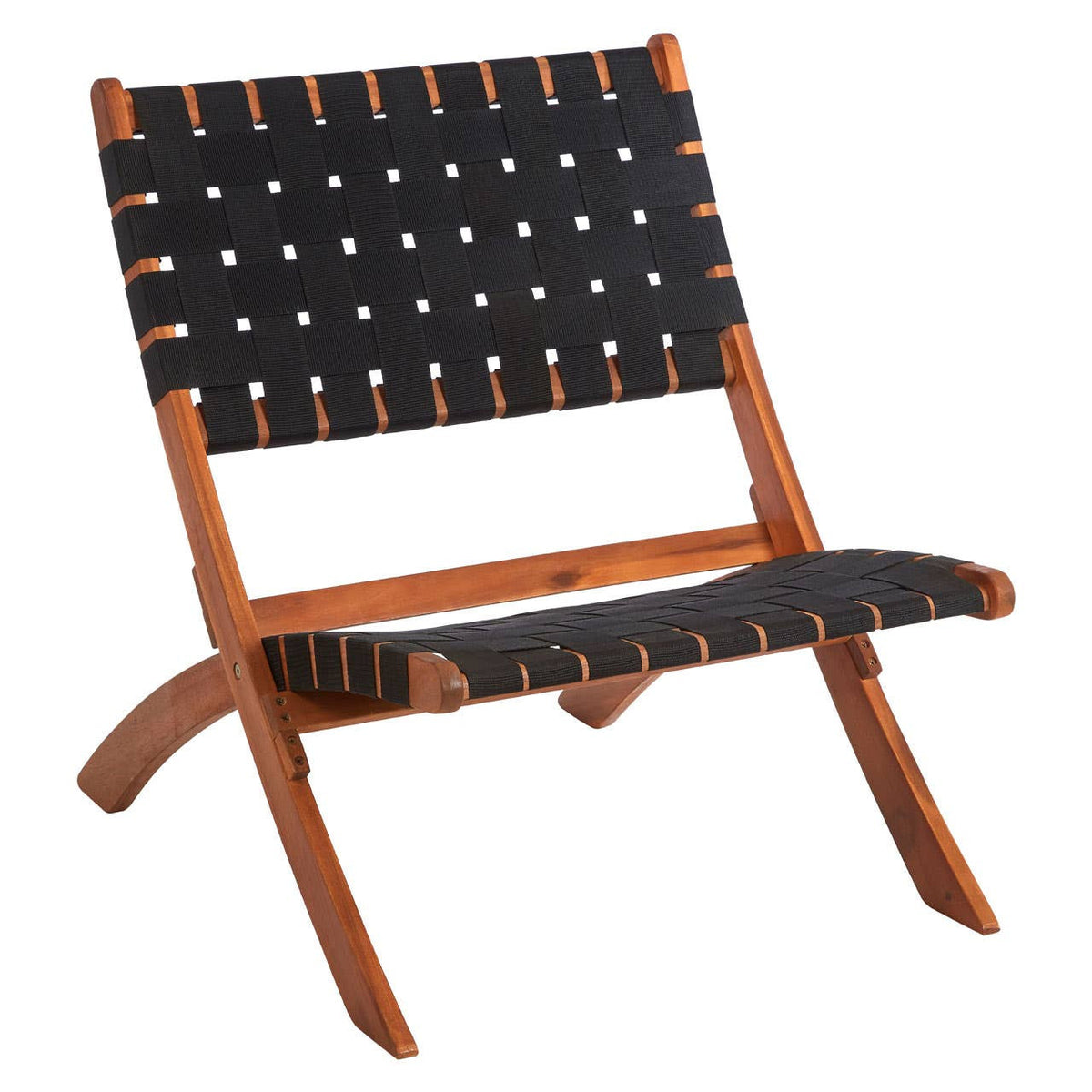 Black woven chair with a wooden frame, featuring a slatted backrest and seat. The chair has a minimalist design with a natural wood finish and contrasting black woven fabric. It is positioned in a relaxed, slightly reclined stance, showcasing its lightweight and portable structure