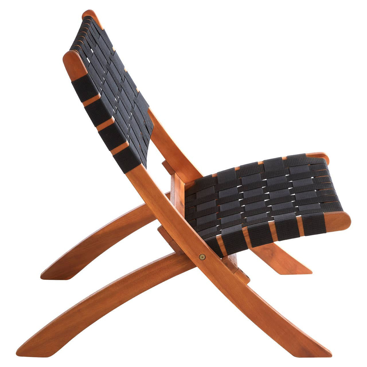 Black woven chair with a curved backrest and seat, featuring a wooden frame with a warm finish. The chair has a modern design with crossed legs, showcasing a combination of woven fabric and sturdy wood construction