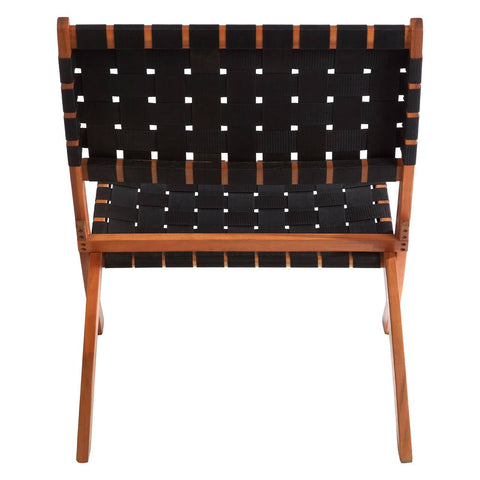 Black woven chair with a wooden frame, featuring a slatted backrest and seat made of interlaced black straps. The chair has a minimalist design with a sturdy construction, suitable for modern home decor