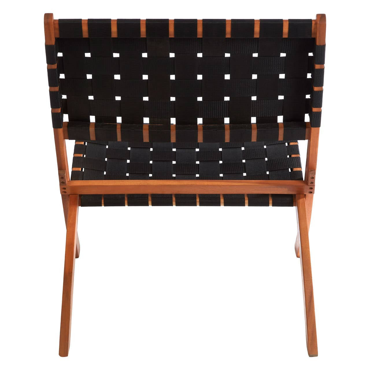 Black woven chair with a wooden frame, featuring a slatted backrest and seat made of interlaced black straps. The chair has a minimalist design with a sturdy construction, suitable for modern home decor