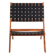 A black woven chair with a wooden frame, featuring a geometric pattern of white accents on the seat and backrest, designed for modern home decor