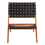 A black woven chair with a wooden frame, featuring a geometric pattern of white accents on the seat and backrest, designed for modern home decor