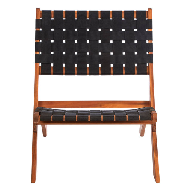 A black woven chair with a wooden frame, featuring a geometric pattern of white accents on the seat and backrest, designed for modern home decor