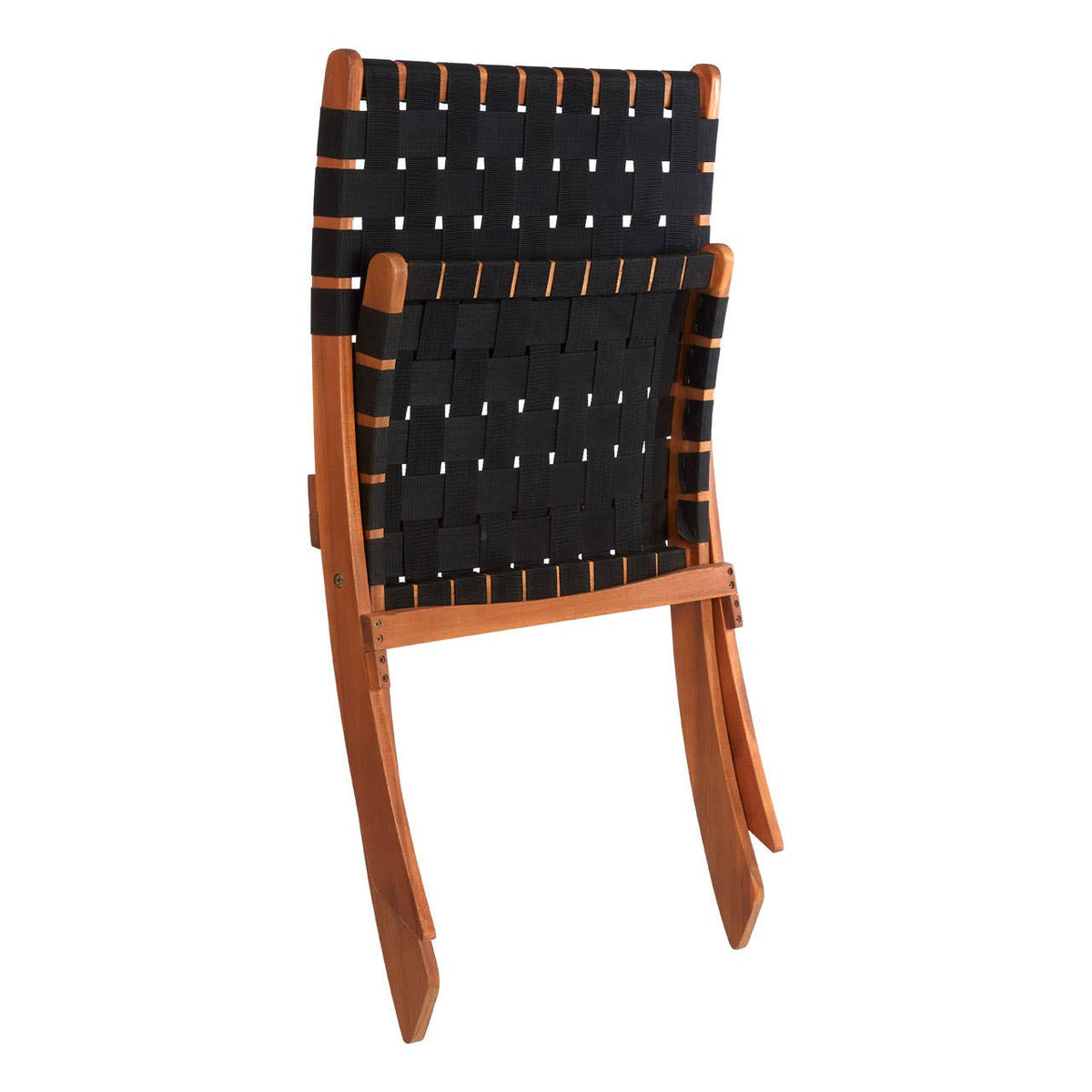 A black woven chair featuring a structured backrest and seat made of woven material, supported by a sturdy wooden frame with a natural finish. The chair has a minimalist design, showcasing a combination of black and brown tones