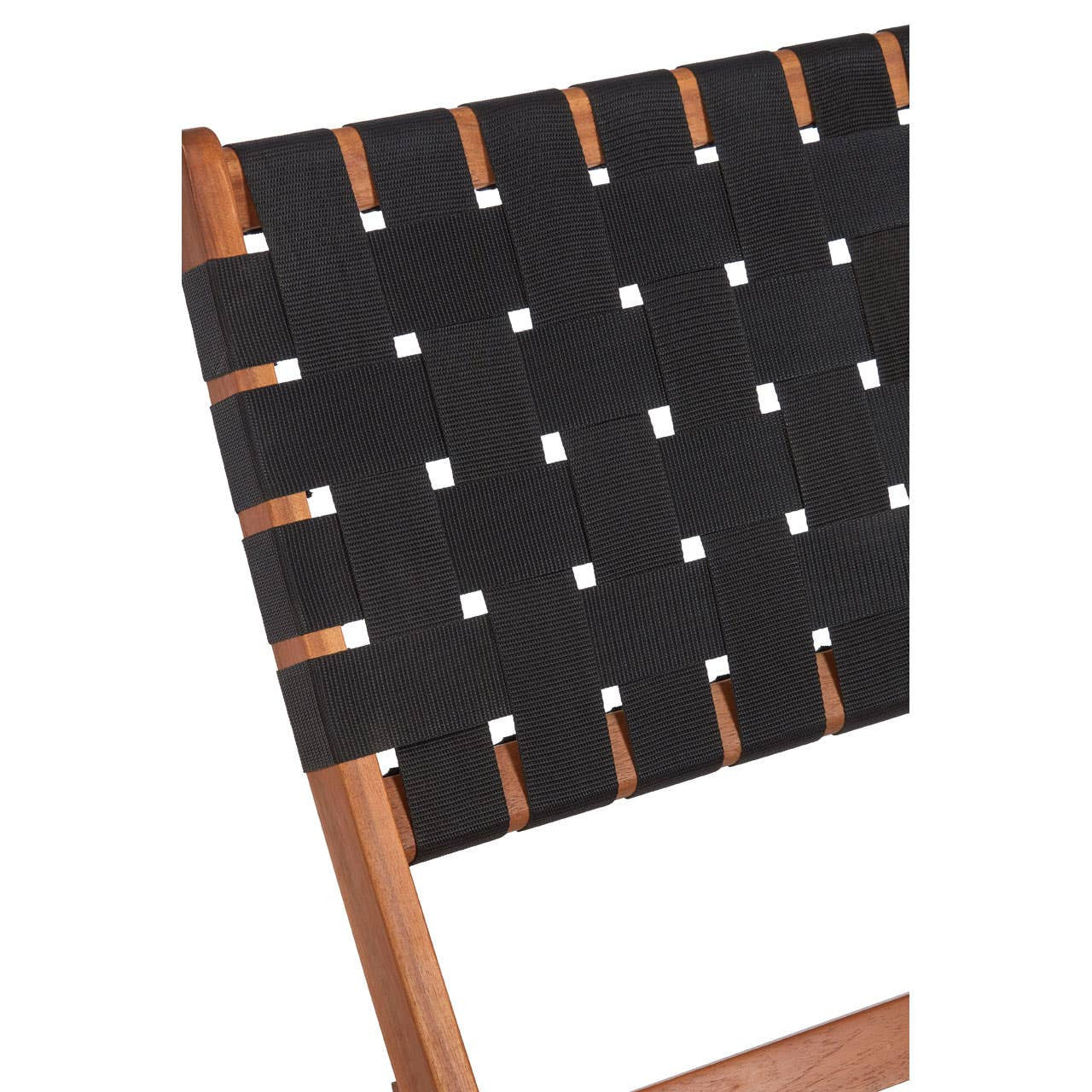 Black woven chair featuring a grid pattern with cut-out holes, supported by a light wood frame. The design combines modern aesthetics with a minimalist style, showcasing the contrast between the dark woven material and the natural wood finish