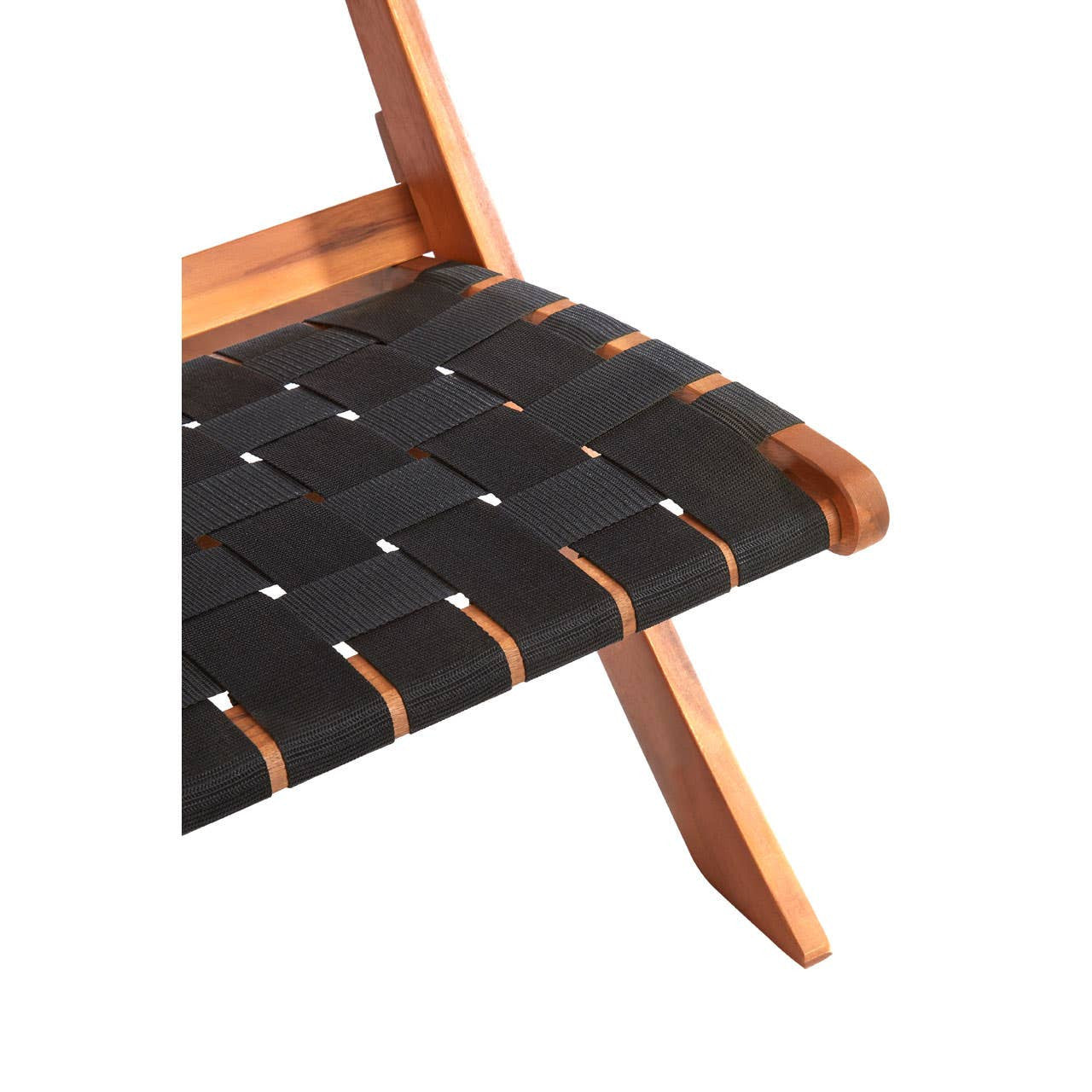 Black woven chair featuring a sleek design with a woven seat and wooden frame. The chair has a minimalist aesthetic, showcasing a combination of black fabric and natural wood tones. The structure includes angled legs for stability and style