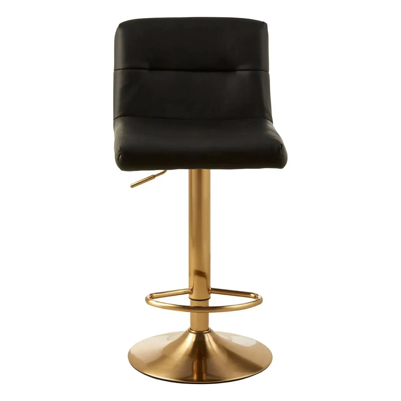 Black leather bar stool with gold metal base and footrest, front view