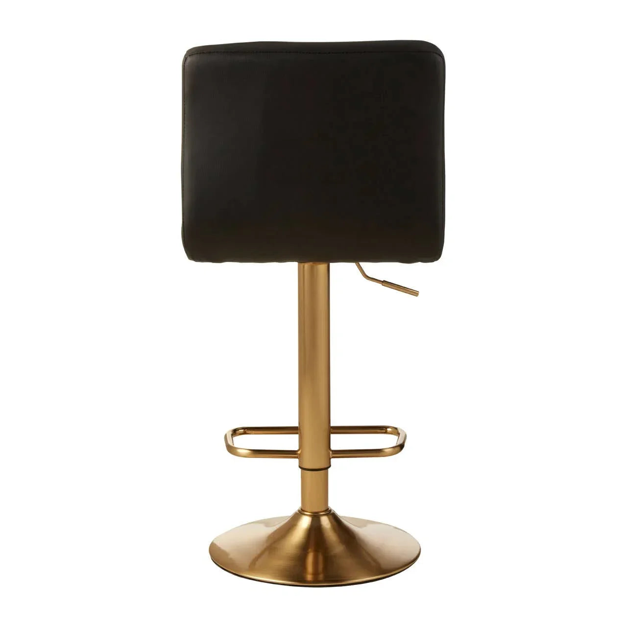 Black bar stool with gold base and footrest, rear view