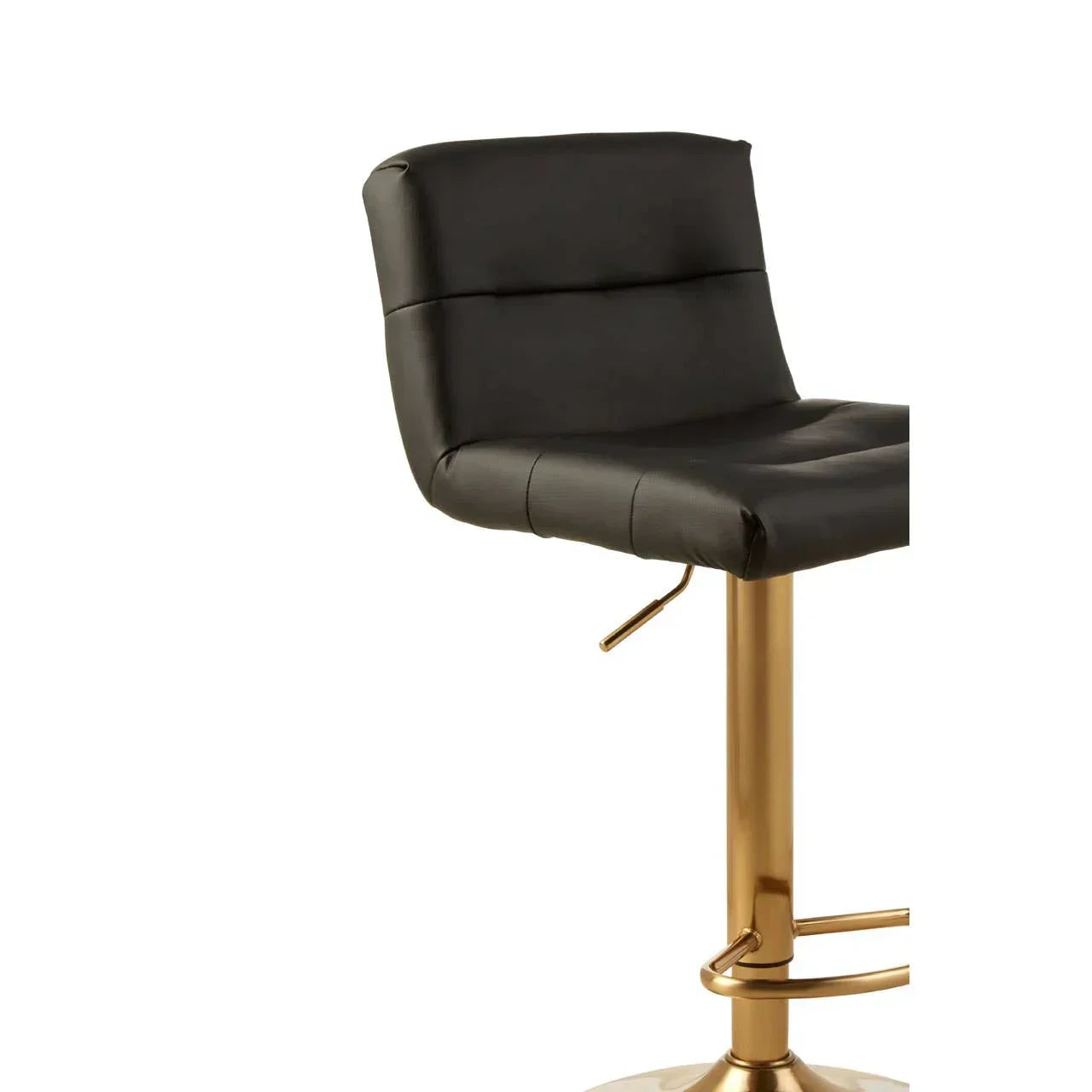 Black leather bar stool with padded seat and gold metal base, side angle view