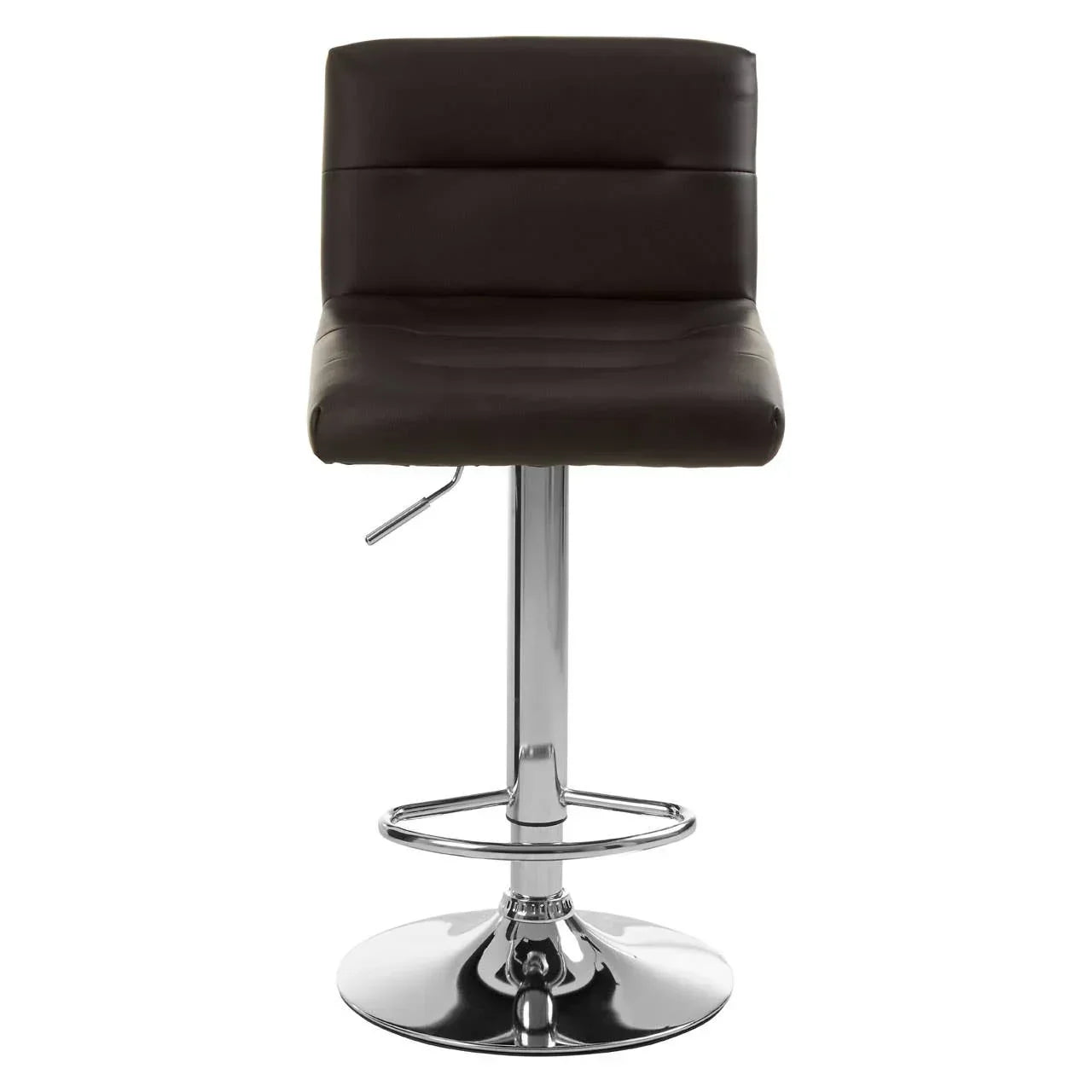 Brown leather bar stool with chrome pedestal base and footrest, front view