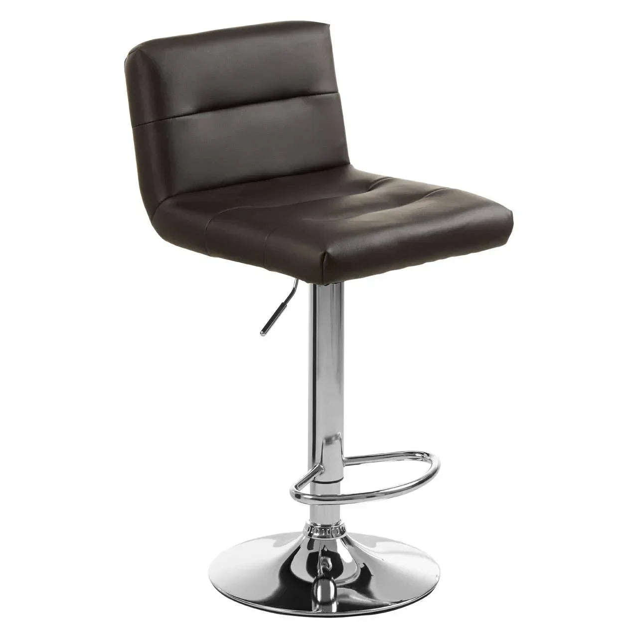 Brown faux leather bar stool with padded seat, chrome base and footrest, side view