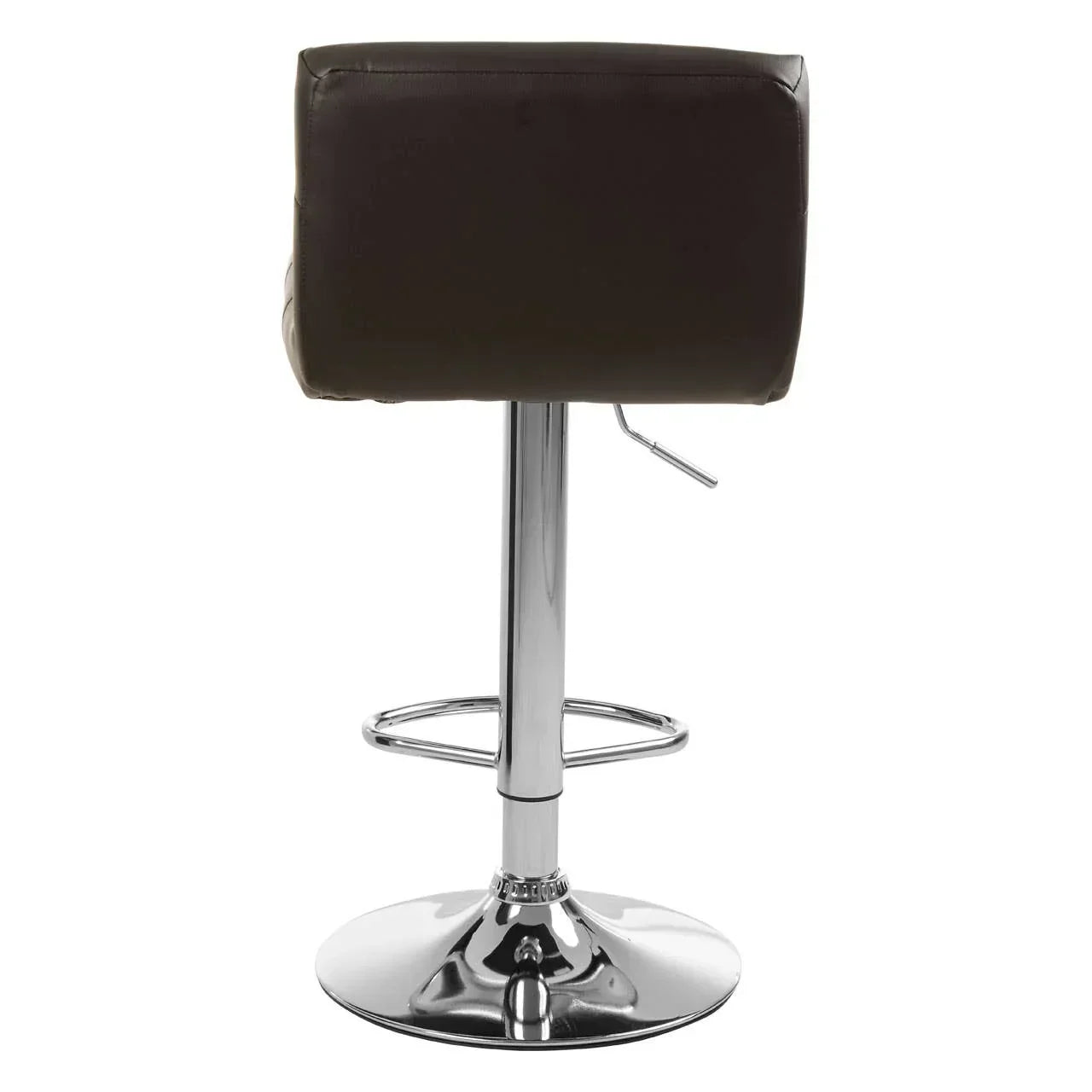 Rear view of brown bar stool with padded backrest and chrome pedestal base