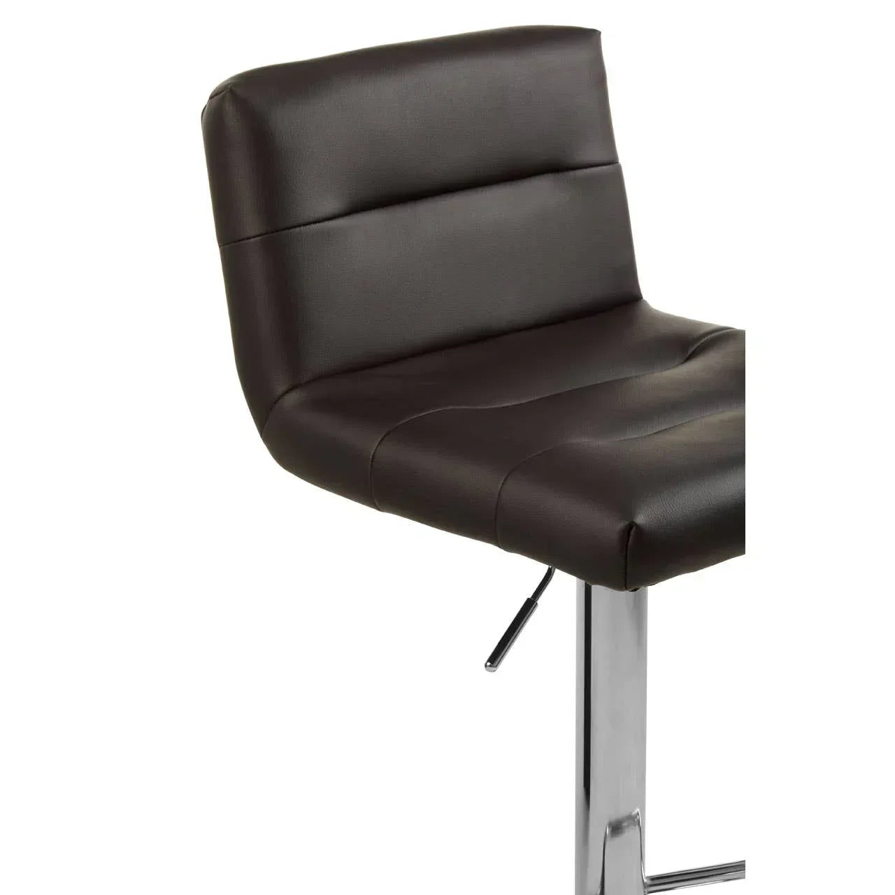 Brown faux leather bar stool seat with chrome base and padded backrest, close-up view