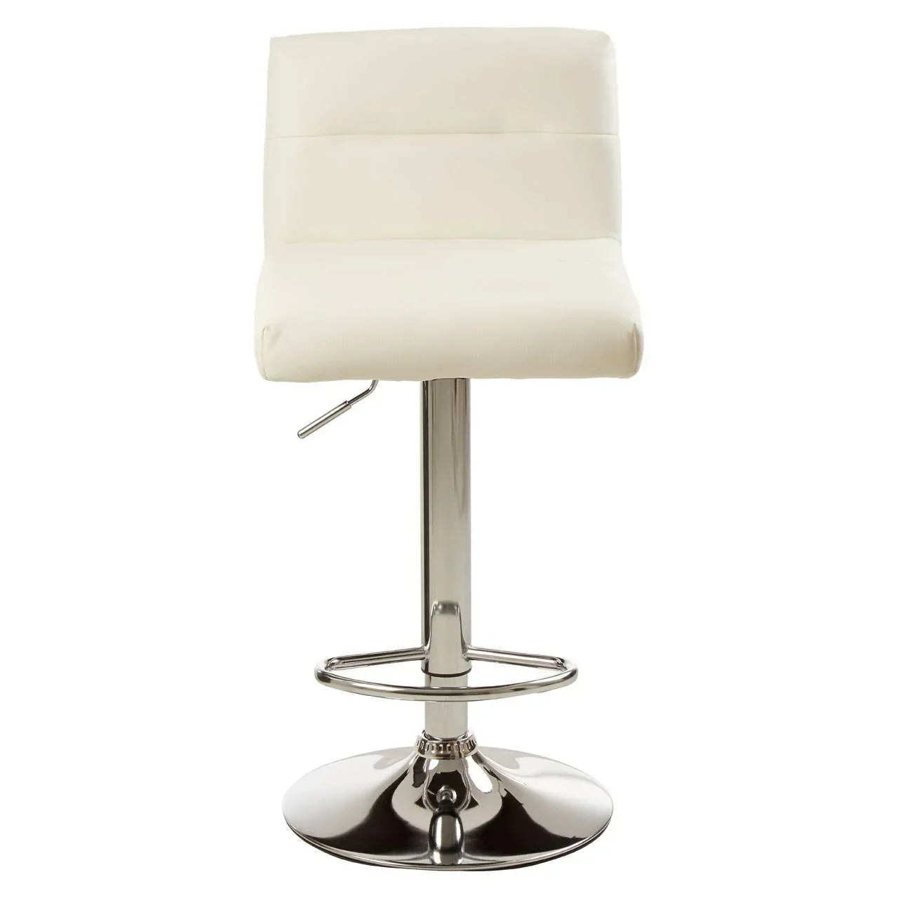 Cream faux leather bar stool with chrome base and footrest, front facing view