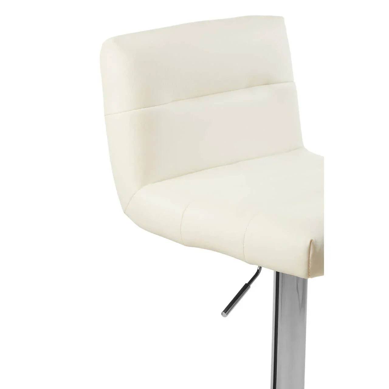 Cream faux leather bar stool with padded seat and chrome base closeup