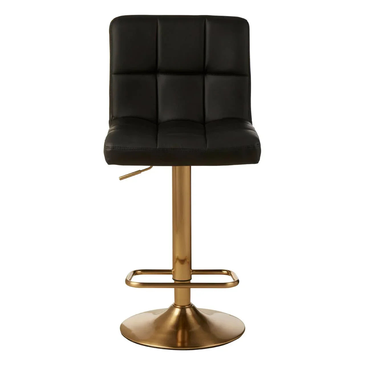 Black leather bar stool with gold metal base and footrest, front view
