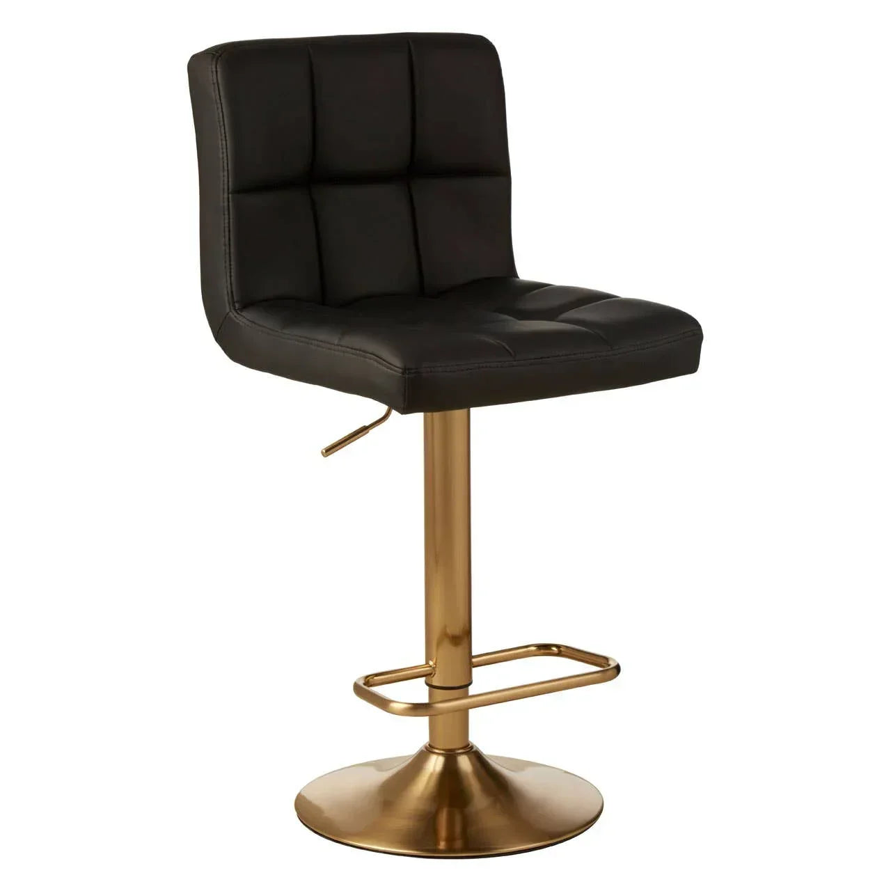 Black leather bar stool with square stitching and gold metal base, front angle view