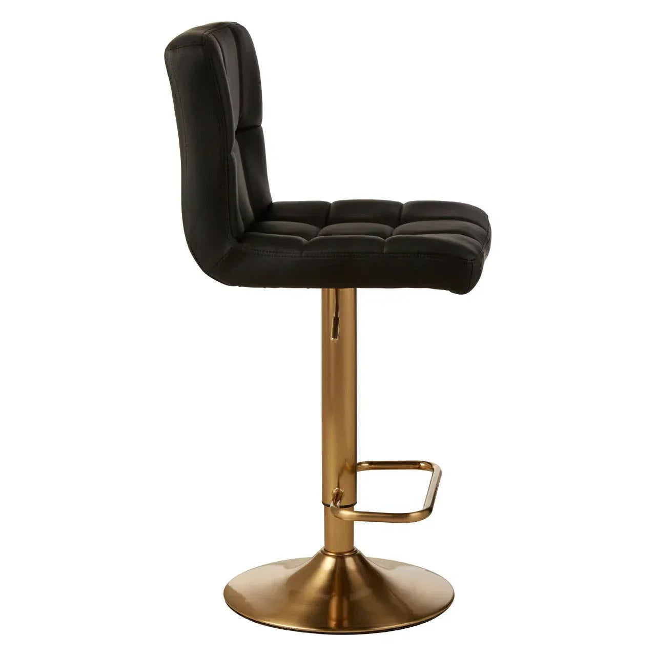 Black leather bar stool with gold metal base and footrest, side view