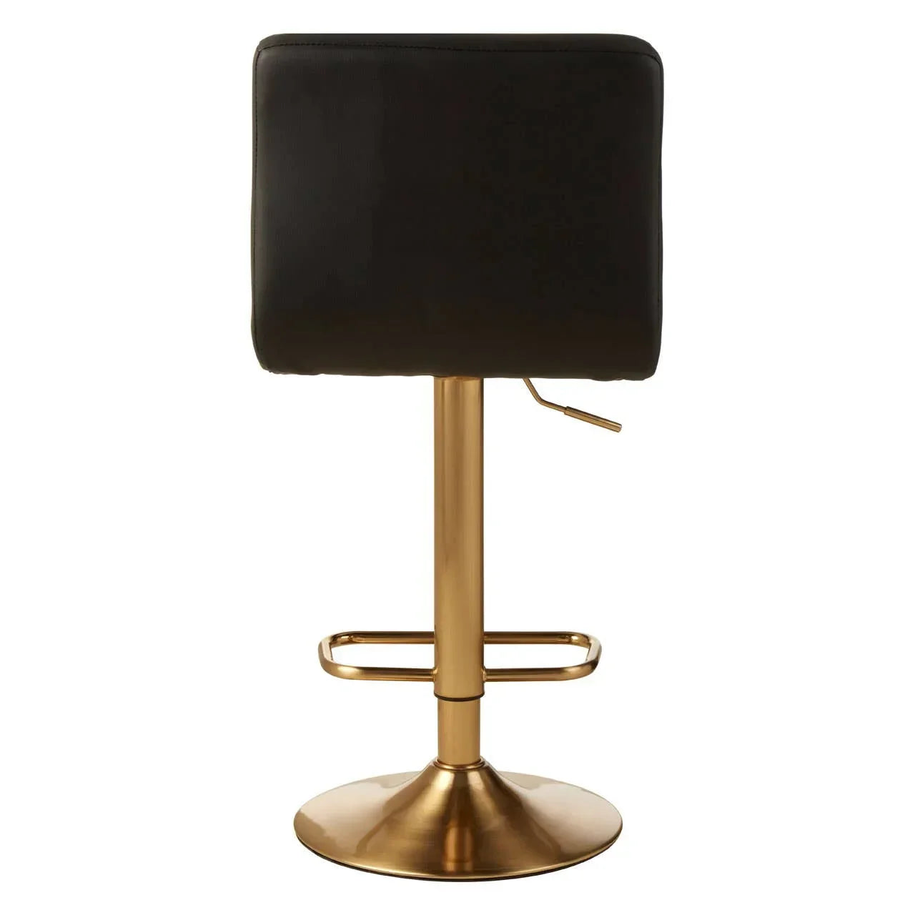 Black bar stool with gold metal base and footrest, rear view