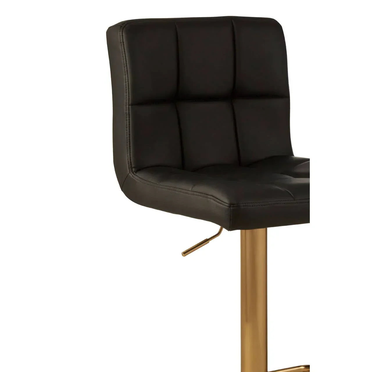 Black faux leather bar stool with tufted backrest and gold base, side angle view