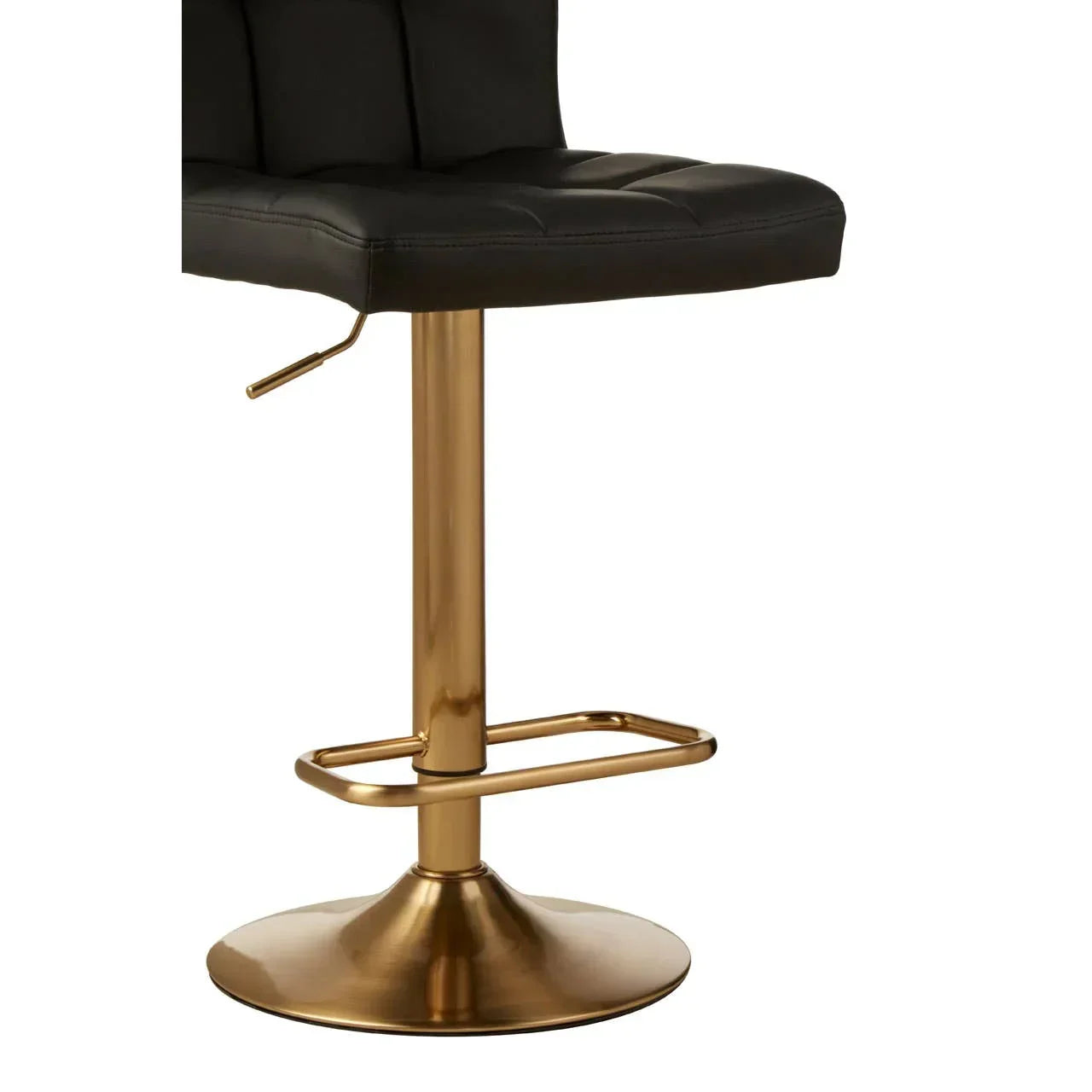 Black bar stool with tufted seat and gold adjustable base and footrest
