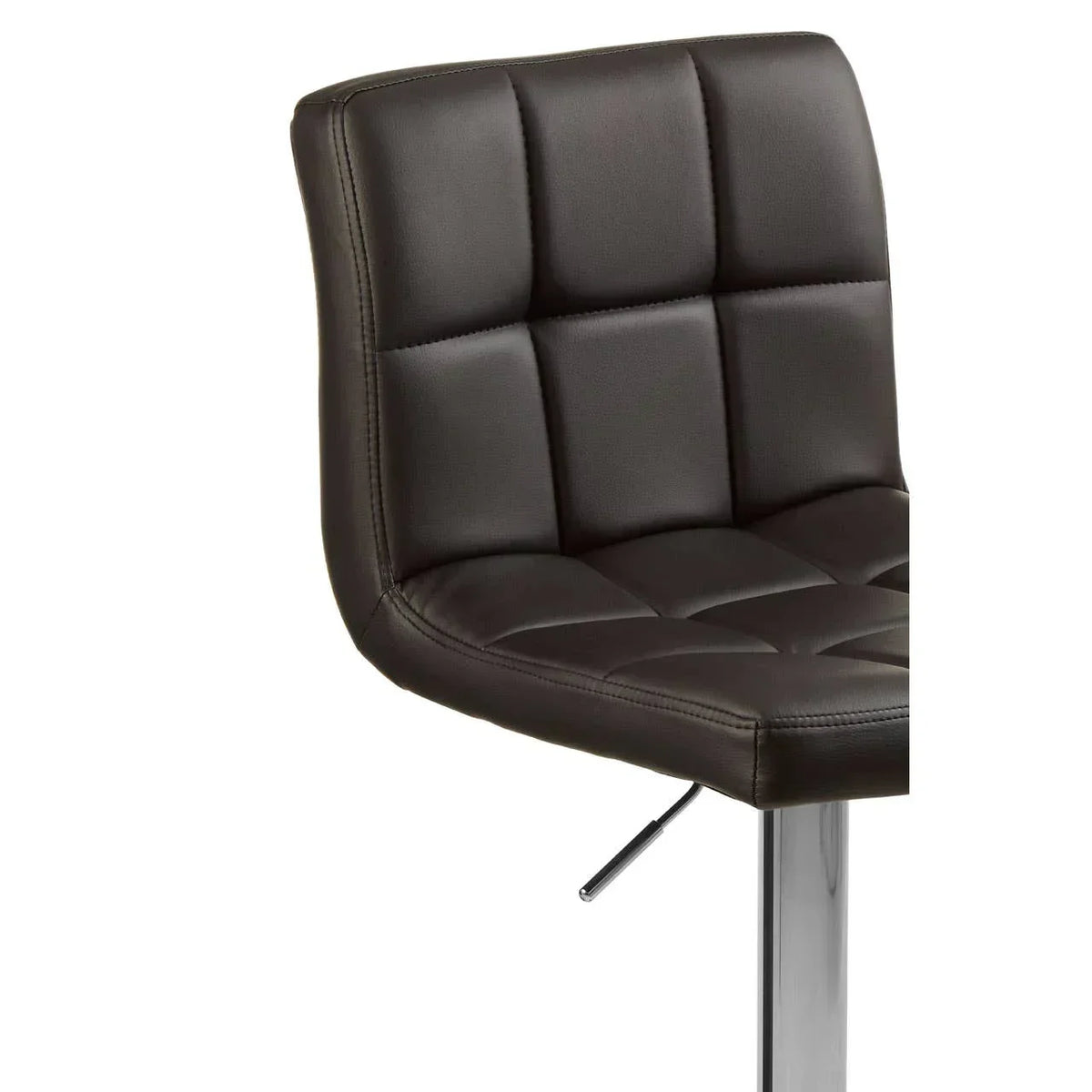 Close up of black faux leather bar stool seat with chrome base and stitched square pattern