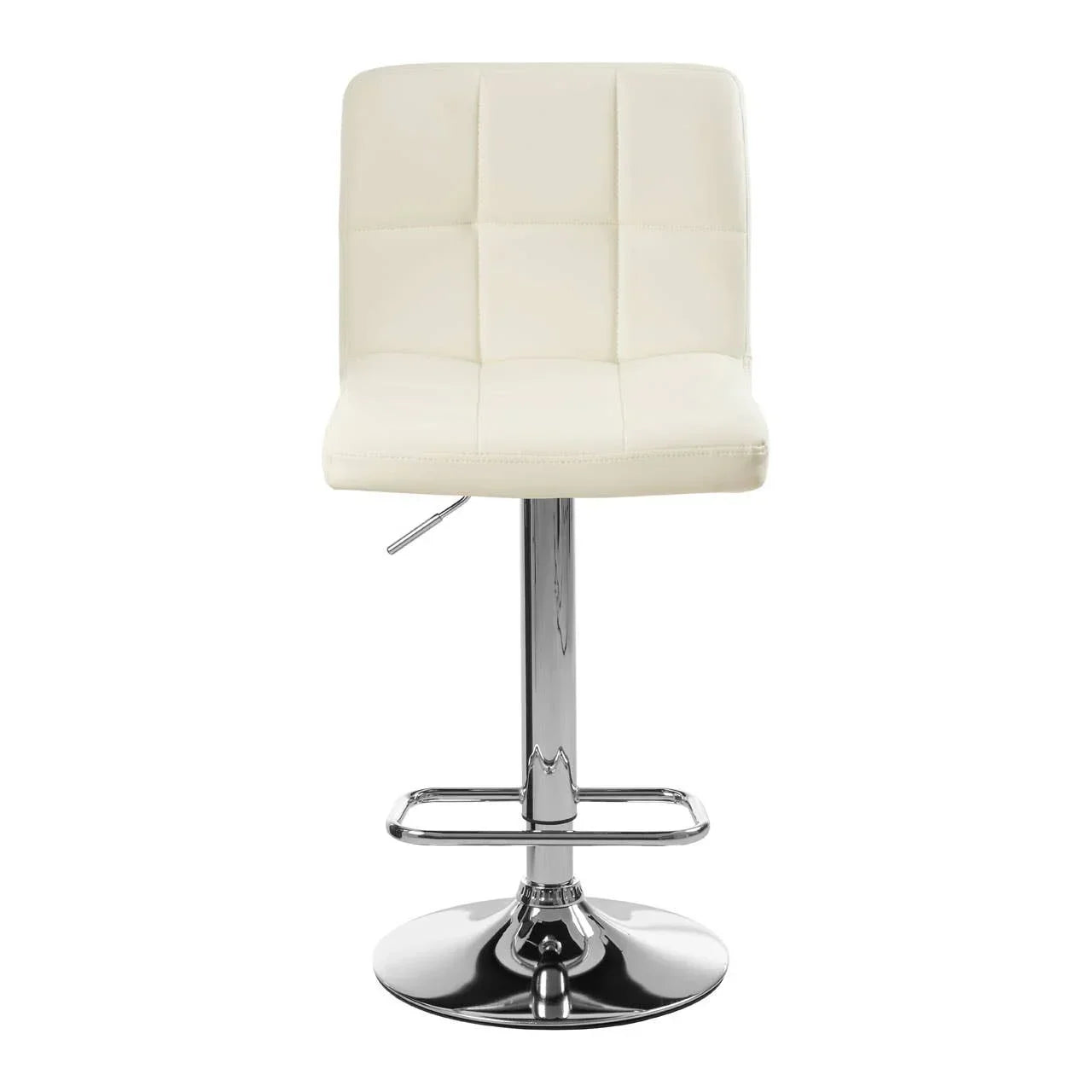 Cream faux leather bar stool with chrome base and square stitched backrest, front view