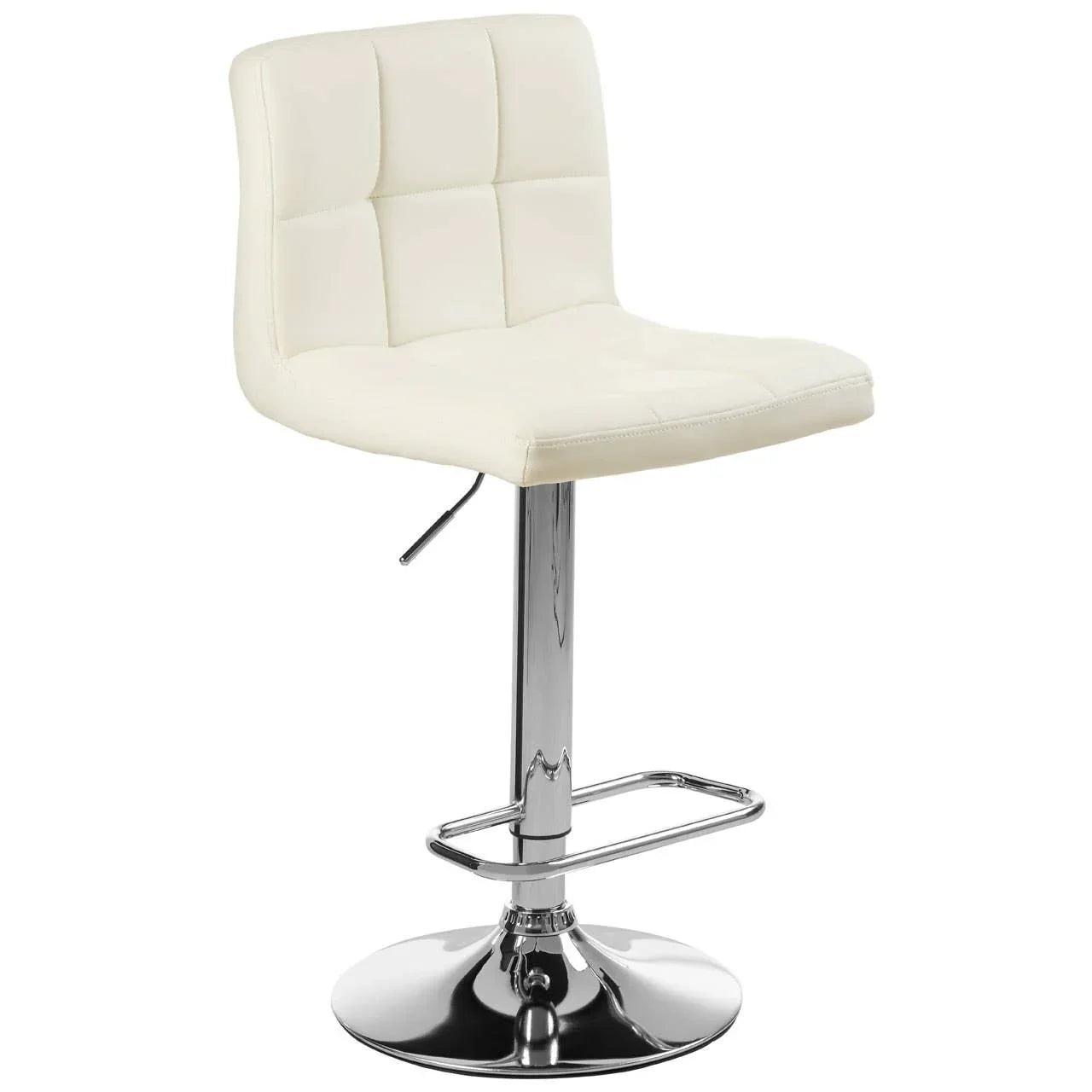 Cream leather bar stool with chrome base and footrest, padded seat and backrest