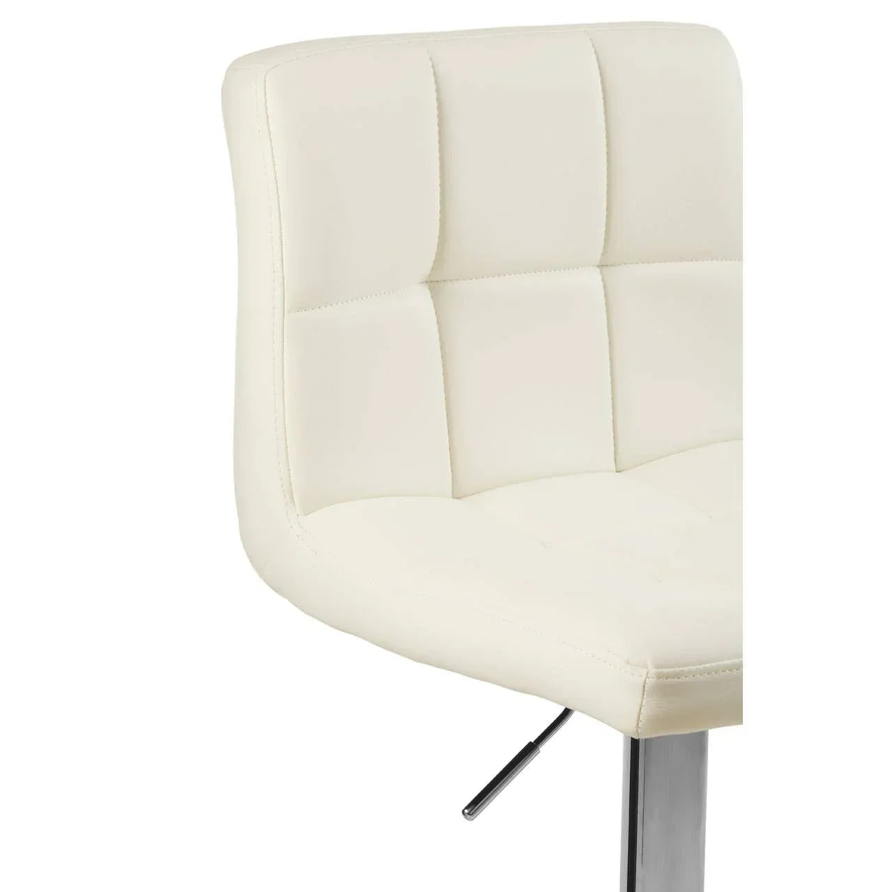 Cream leather bar stool with padded backrest and chrome base close-up