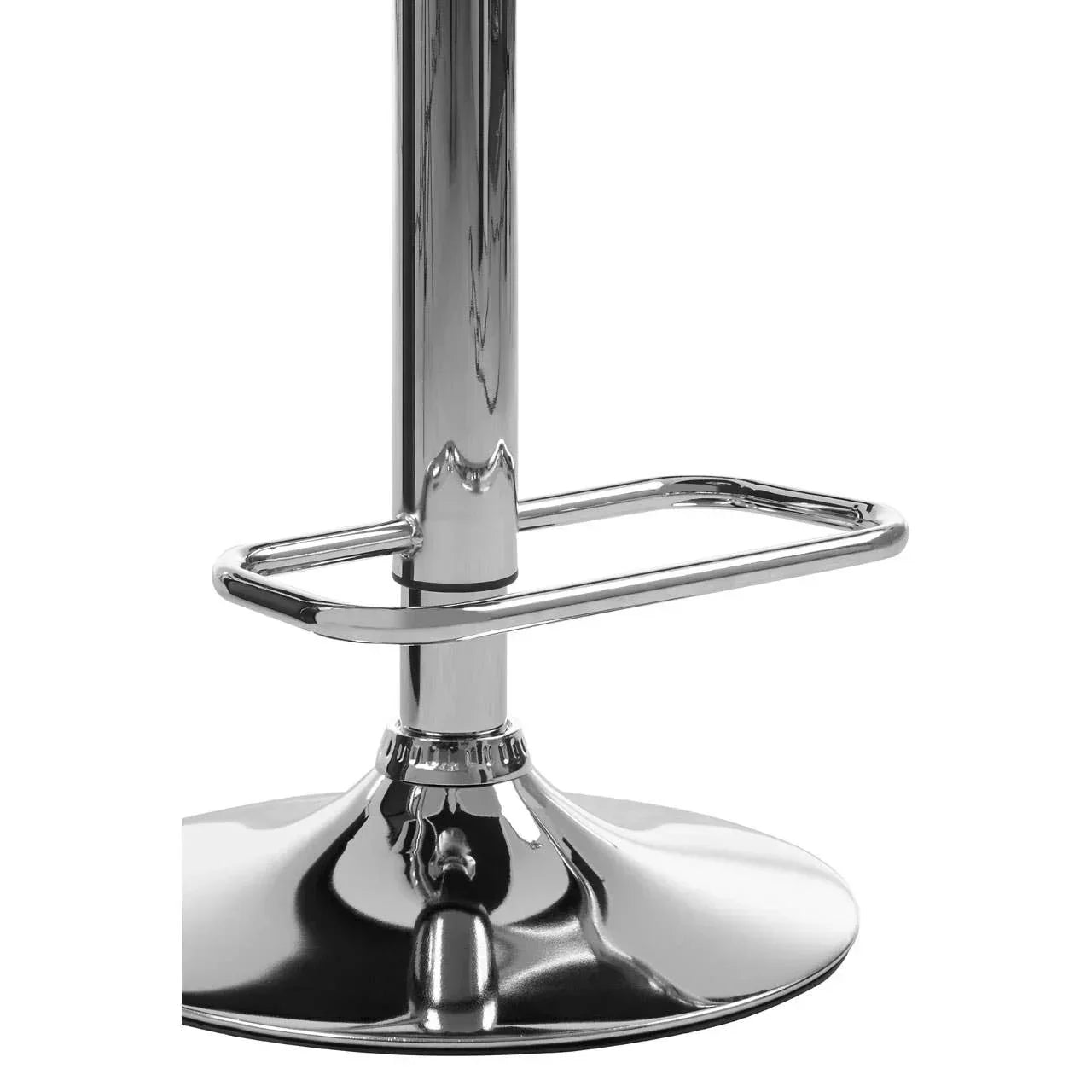 Chrome bar stool base with rectangular footrest and circular pedestal design