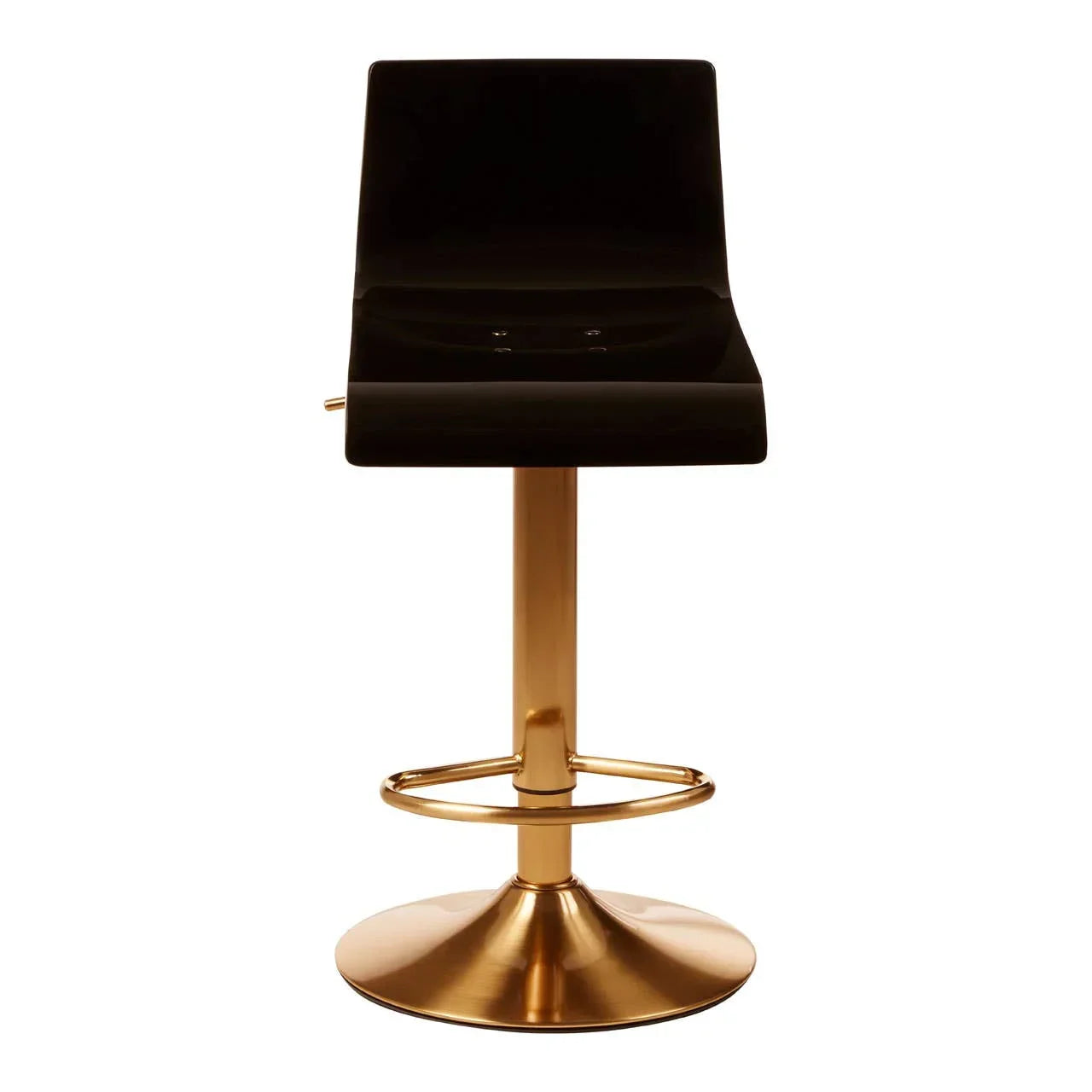 Black velvet bar stool with gold metal base and footrest, front view