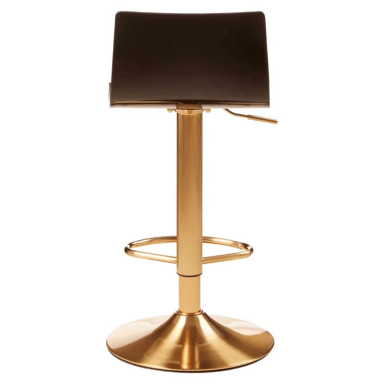 Black bar stool with gold metal base and footrest, front view