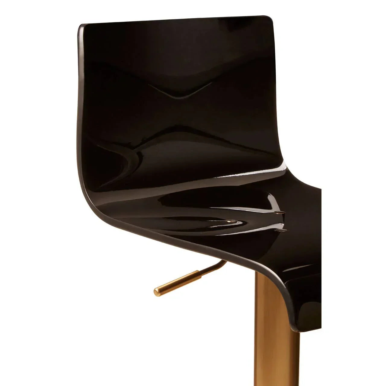 Black gloss bar stool seat with curved backrest and gold adjustable lever
