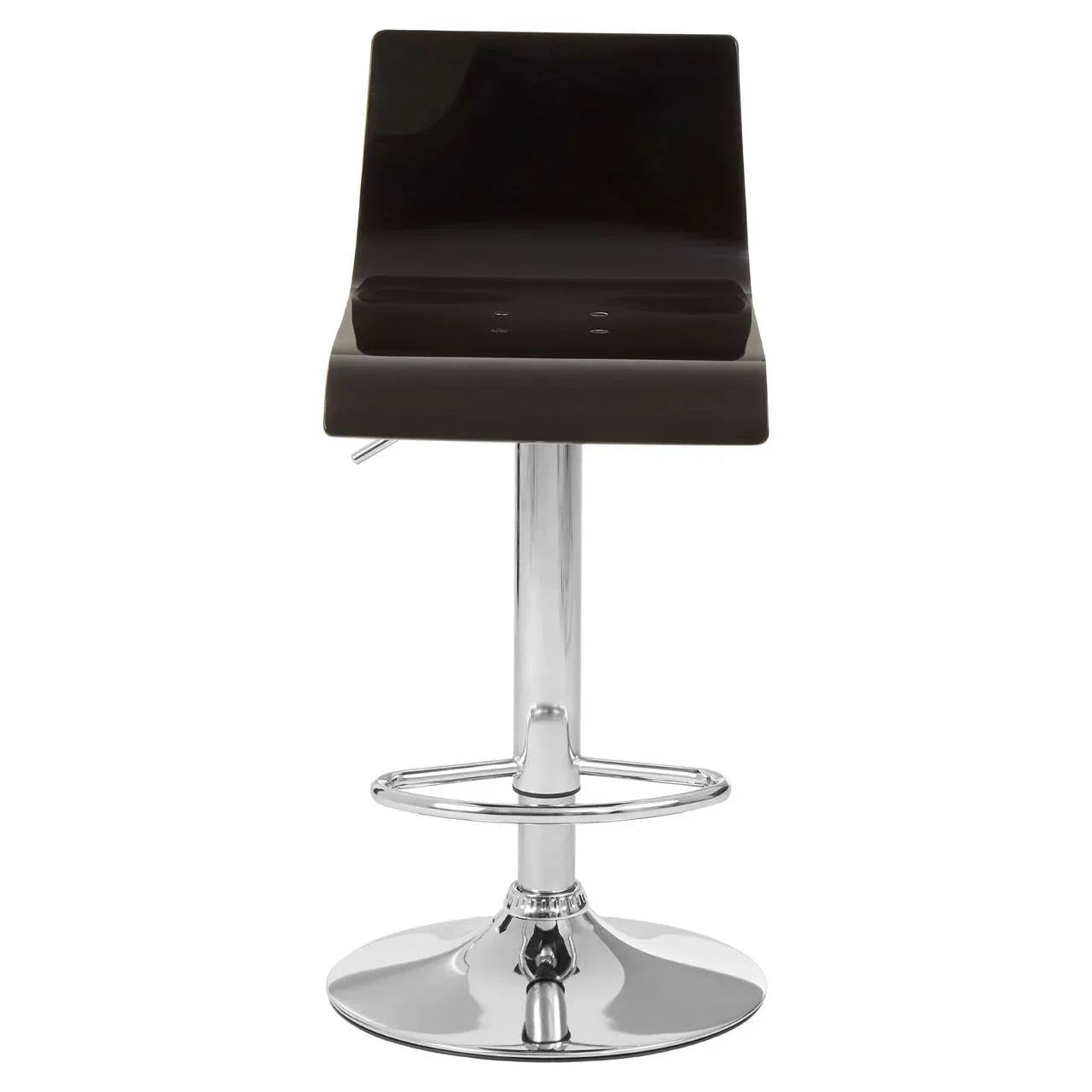 Black bar stool with chrome base and footrest front view