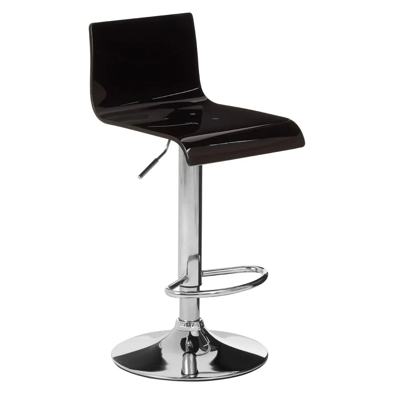 Black bar stool with chrome base, footrest and adjustable seat, shown on white background