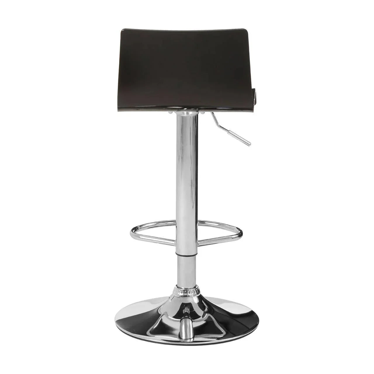 Black bar stool with chrome base and footrest, front view