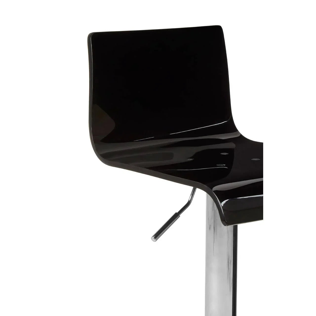 Glossy black bar stool seat with chrome base and height adjustment lever