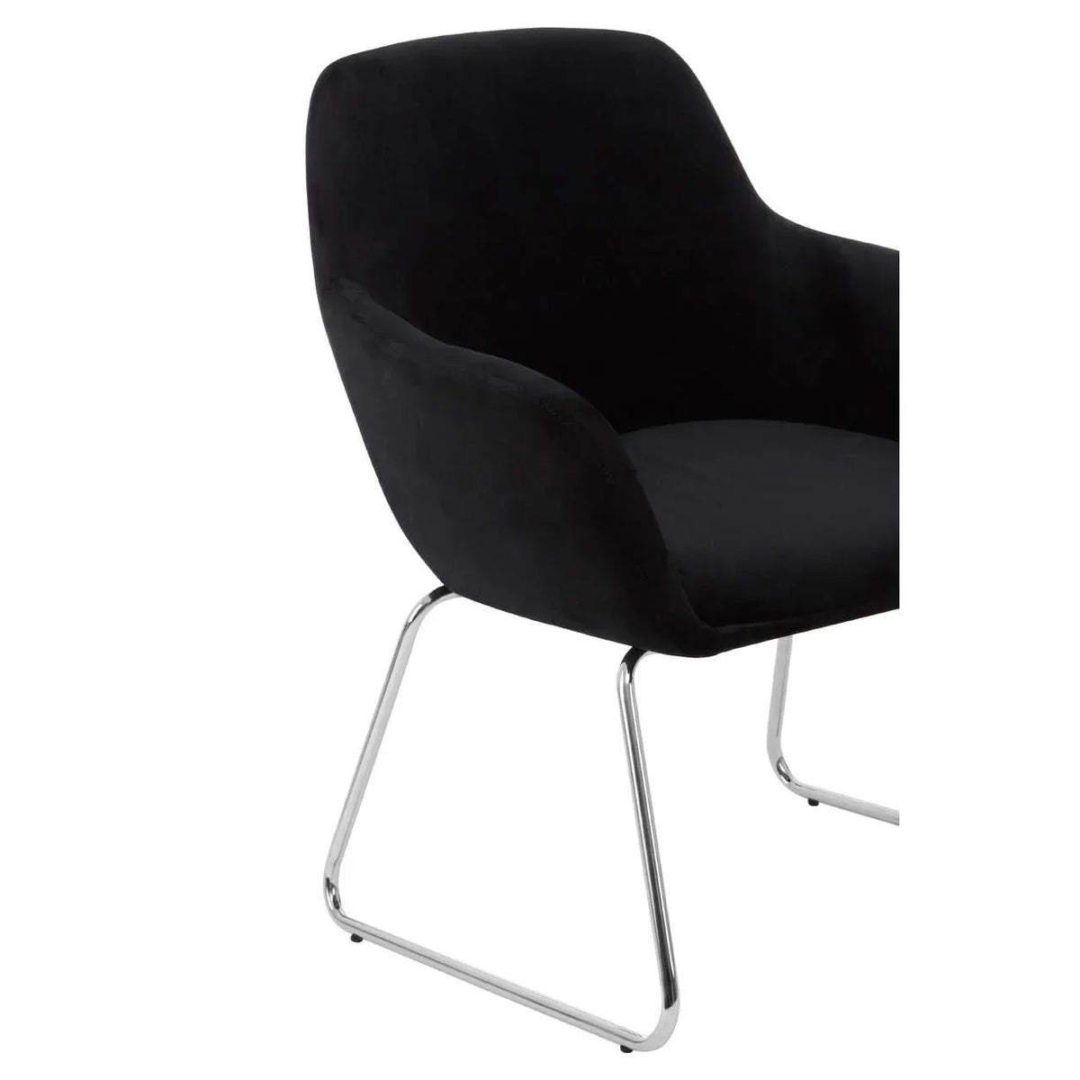 Black upholstered dining chair with chrome legs and curved armrests, angled side view