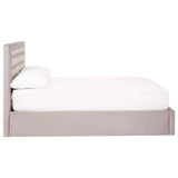 Grey velvet double ottoman bed with a tufted headboard and a white mattress, featuring a storage compartment underneath. The bed is positioned against a plain background, showcasing its elegant design and soft texture