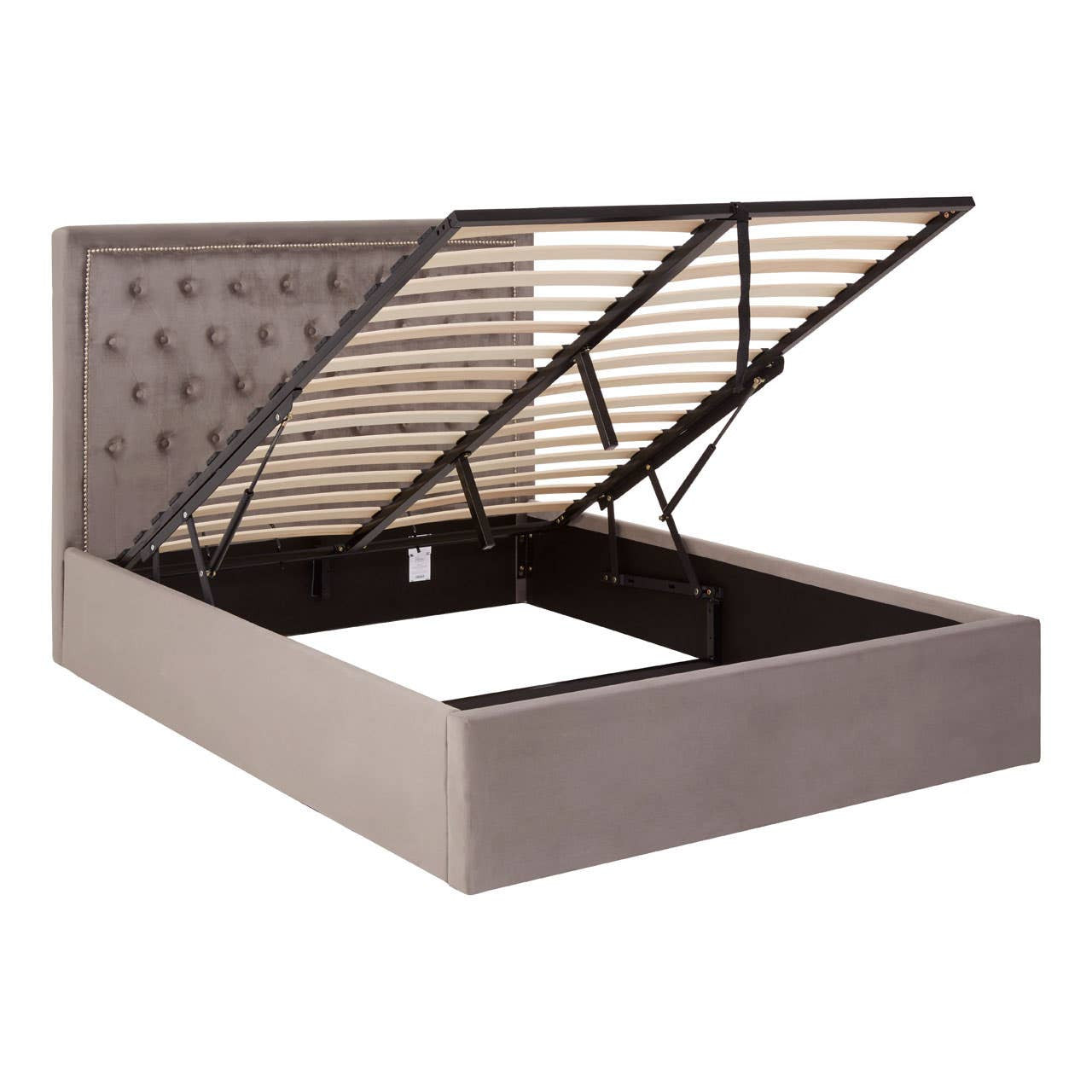 Grey velvet ottoman bed with a double size, featuring a tufted headboard and a lift-up storage compartment. The bed is shown with the top raised, revealing the spacious interior for storage. The overall design is modern and stylish, suitable for various bedroom decors
