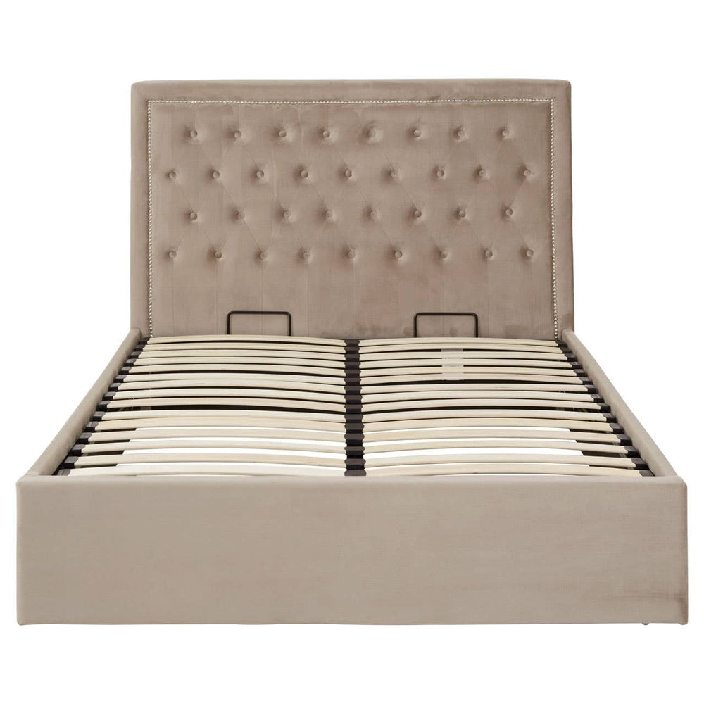 Mink velvet ottoman double bed with a tufted headboard and a spacious storage compartment underneath, featuring a sleek design and neutral color that complements various interior styles