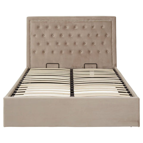Mink velvet ottoman double bed with a tufted headboard and a spacious storage compartment underneath, featuring a sleek design and neutral color that complements various interior styles