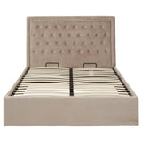 Mink velvet ottoman double bed with a tufted headboard and a spacious storage compartment underneath, featuring a sleek design and neutral color that complements various interior styles