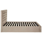 Mink velvet double bed with a slatted wooden base and a tall, textured headboard in a neutral color. The bed is positioned against a plain background, showcasing its elegant design and soft fabric