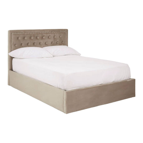 Mink velvet double bed with a tufted headboard and a storage ottoman base, featuring a white mattress and bedding
