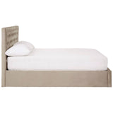 Mink velvet double bed with a padded headboard and a low-profile design, featuring a white mattress and a neutral-toned upholstered base
