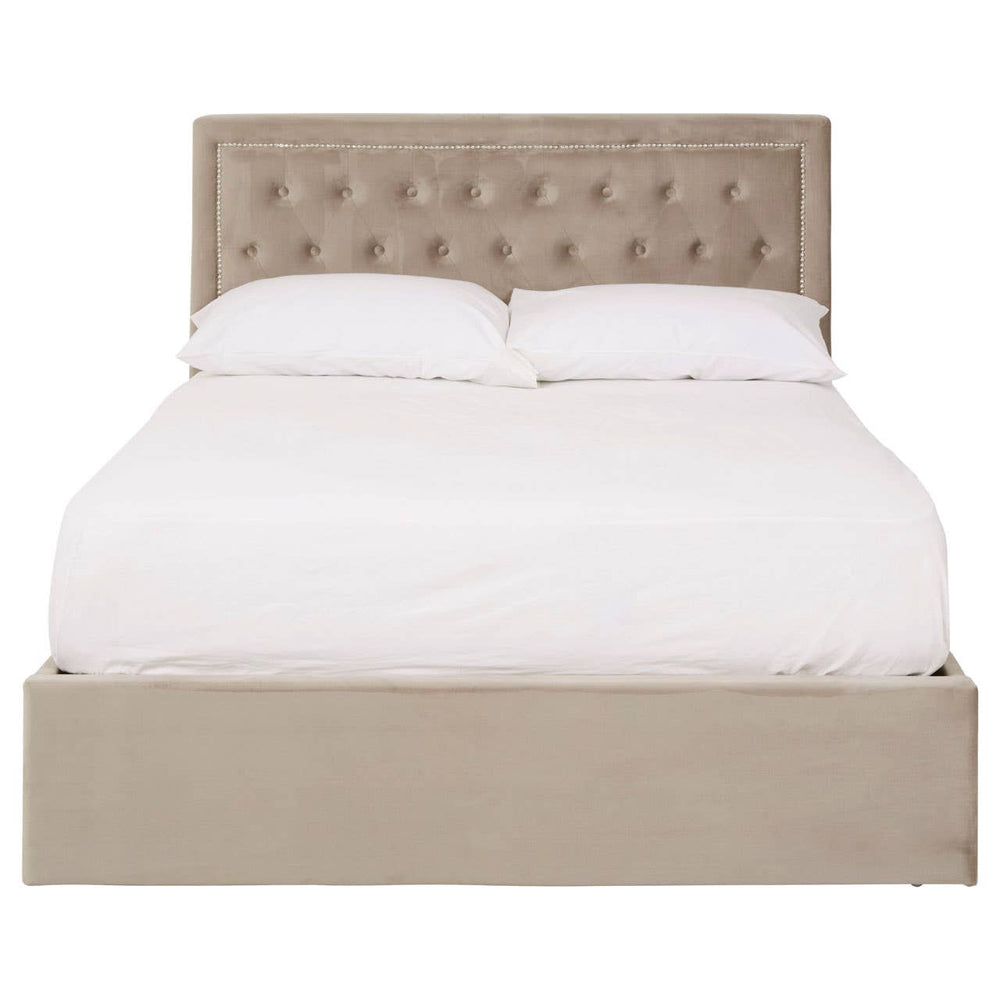Mink velvet double bed with a tufted headboard, featuring a clean, modern design and a spacious storage ottoman base. The bed is dressed with a white mattress and pillows, creating a cozy and inviting appearance