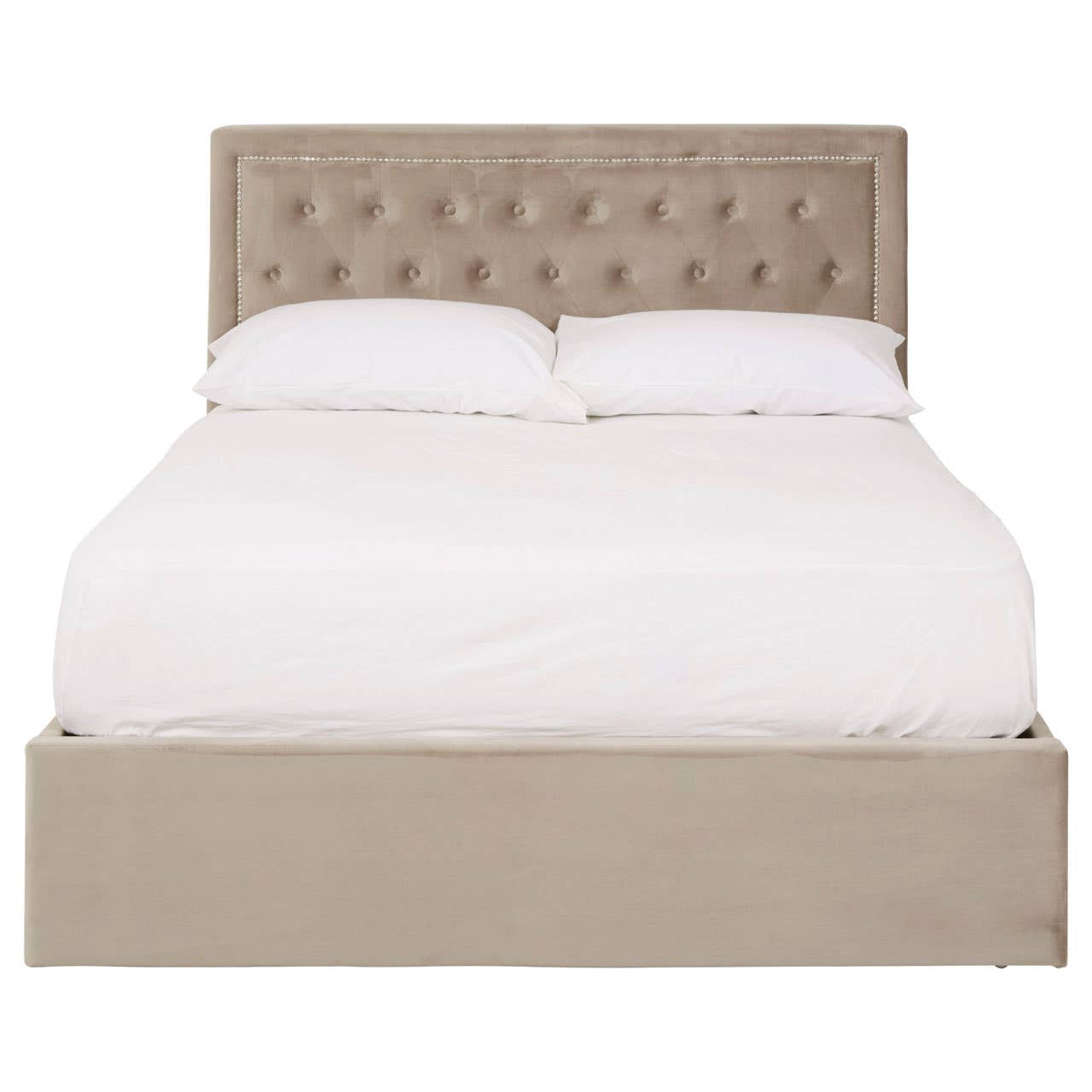 Mink velvet double bed with a tufted headboard, featuring a clean, modern design and a spacious storage ottoman base. The bed is dressed with a white mattress and pillows, creating a cozy and inviting appearance